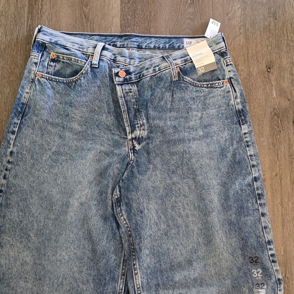 GAP Barrel Jeans High Rise Denim Womens 32 14R Acid Wash NWT Rigid Crossover - Picture 2 of 5